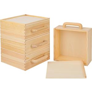 4 PCS Wood Boxes for Crafts, 7.68 x 7.68 x 3.35 Inch Wooden Box with Sliding Lid, Unfinished Wood Box with Handle for Party, DIY, Birthday