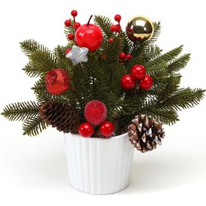 12 Inch Tabletop Christmas Tree with White Ceramic Potted,Mini Christmas Tree Holiday Decorations with Apples Pine Cones Gold Xmas Ball Berries for Home Indoor Xmas Tabel Decor (Red and Green)