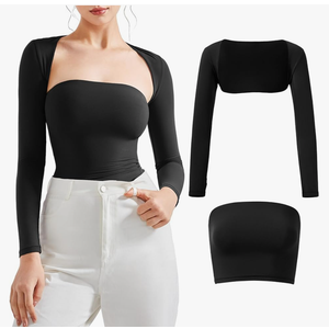 SUUKSESS Women 2 Piece Long Sleeve Bolero Open Front Shrug Sexy Double Lined Tube Top S