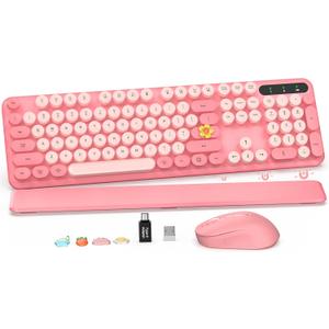 Wireless Keyboard and Mouse Combo - Retro Keyboard with Round Keycaps, Full-Size Typewriter Keyboard with Detachable Wrist Rest, 2.4GHz Connection for Mac/Windows/PC (Baby Pink)