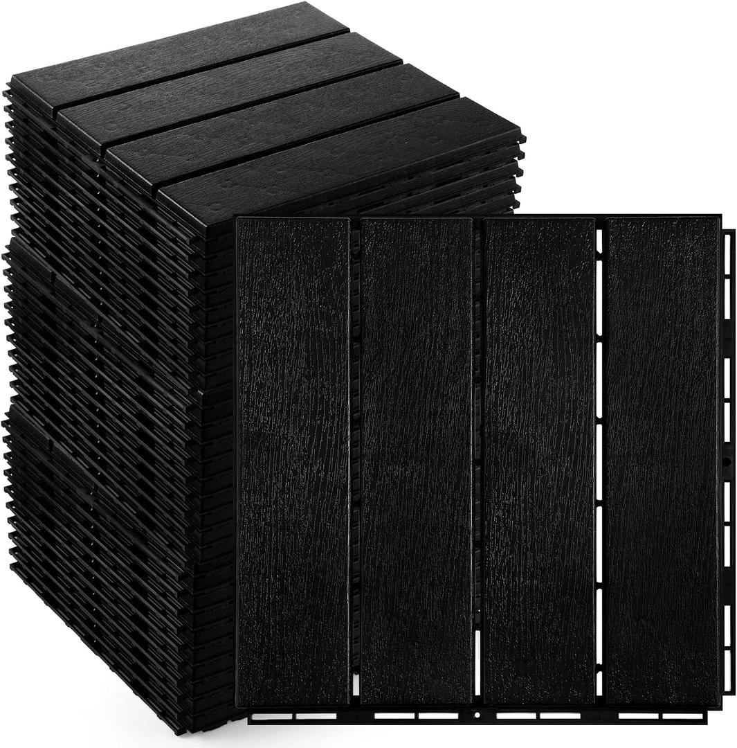 Treela 48 Pcs Plastic Interlocking Deck Tiles - 12 x 12 Inch Patio Deck Tiles Waterproof Outdoor Flooring Composite Decking Boards for Porch, Poolside, Balcony, Backyard (Black)