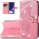 Wallet Case for iPhone 13 Pro Max, Butterfly Pattern PU Leather Case with Magnetic Clasp and Cash Card Holder Cover for iPhone 13 Pro Max Rhinestone Pink