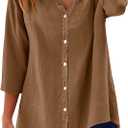LOMON 3/4 Length Sleeve Shirts for Women Cotton Short Sleeve Button Down Shirt V Neck Loose Summer Tops Light Coffee XL