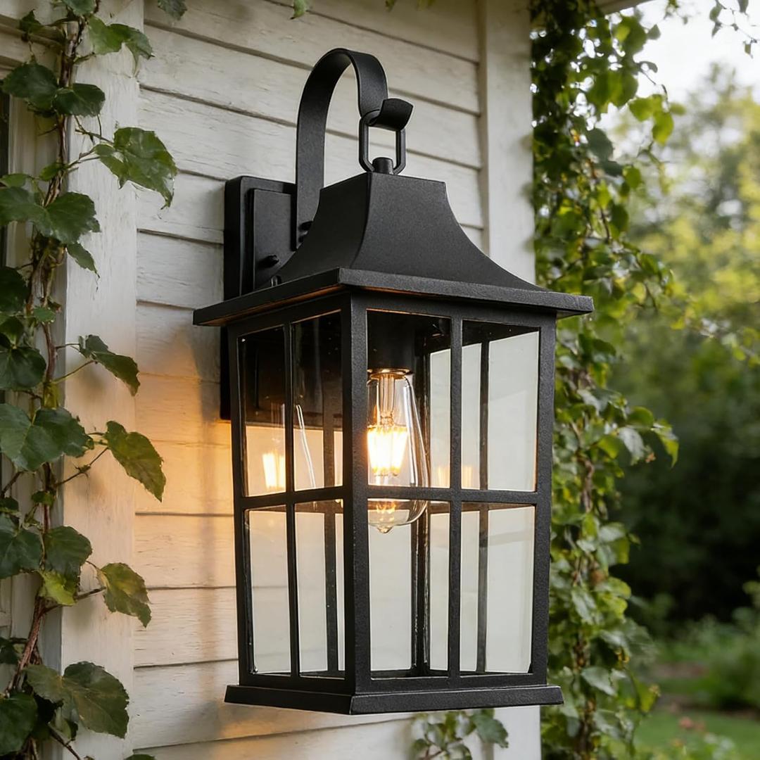20" Large Outdoor Wall Lantern,Porch Lights,Modern Exterior Lighting Fixtures with E26 Socket,Exterior Light Fixtures Matte Black with Clear Glass Shade for House, Garage, Patio, Large-1 Pack