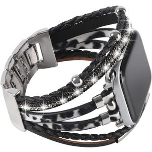 WONMILLE Posh Leather Bands Compatible With Apple Watch 45mm 44mm 42mm Women, Boho Bracelets Jewelry Multilayer Wrap Strap for iwatch Series SE 7 6 5 4 3 2 1 (Black White, 42mm/ 44mm/ 45mm)
