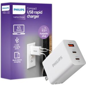 Philips iPhone Charger Fast Charging, 65W USB C, 3-Port GaN Charger Block with USB A, Foldable Fast Wall Charge for iPhone 16 Series, 15 Series, iPad Pro, White, DLP3653W/37