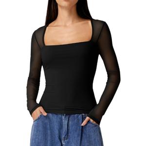 QINSEN Women's Sheer Long Sleeve Square Neck Fitted Top Minimalist Mesh Sleeve Blouse for Everyday Black S (Black, S)