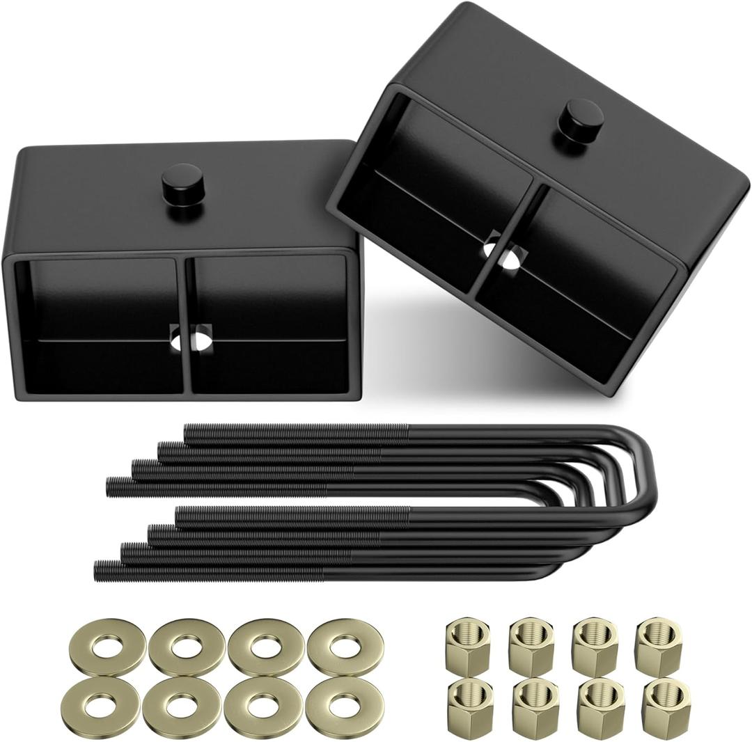 3" Rear Leveling Lift Kit Blocks, Extended Square U-Bolts Black Leveling Kit for 1999-2024 Silverado1500/ Sierra 1500