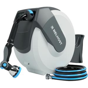Retractable Garden Hose Reel 1/2 in x 65 ft, Heavy Duty Wall Mount Outdoor Hose with Auto Rewind, Any Length Lock, 180 Swivel Bracket & 10-Pattern Nozzle (White & Grey)
