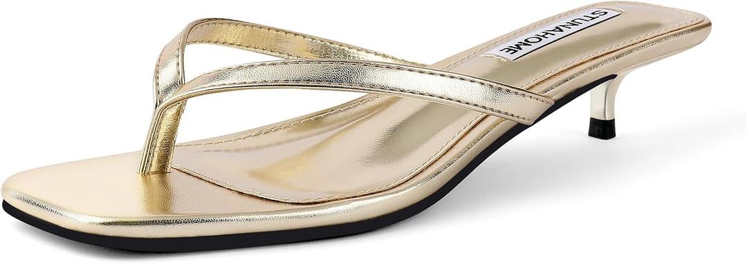 STUNAHOME Womens Kitten Heel Thong Sandals with Memory Foam Cute Flip Flop Heels for Women 1.4 Inches (Gold), Size 11