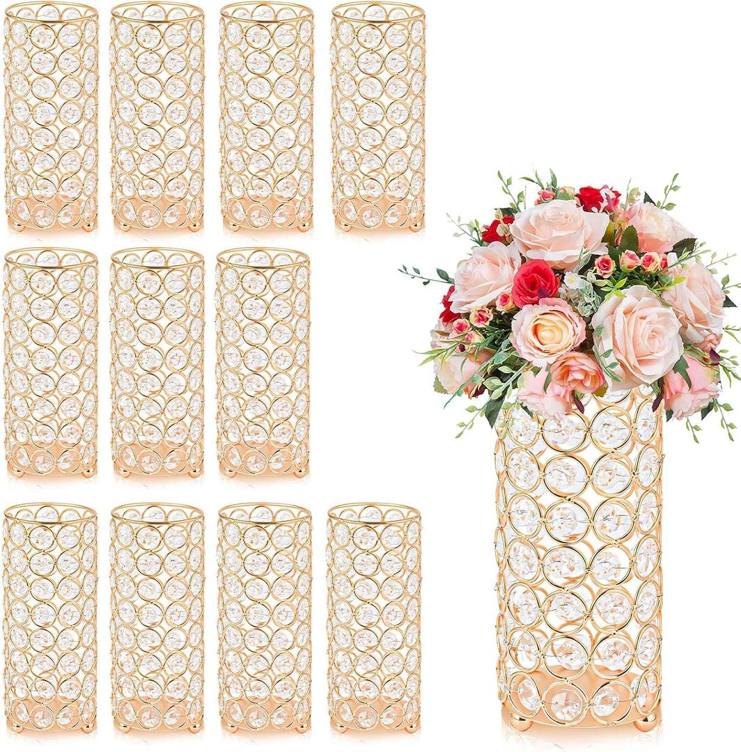 Elegant Crystal Column Vase/Pillar Candle Holder Set, Wedding/Parties Table Centerpieces, Cylinder Flower Display for Weddings & Home Decor (8, Gold)
