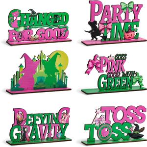 6pcs Witch Wood Table Centerpieces for Birthday Party Table Decorations Pink Green Defying Gravity Changed for Good Toss Toss Table Centerpieces for Girls Witch Theme Birthday Party Table Sign Decors