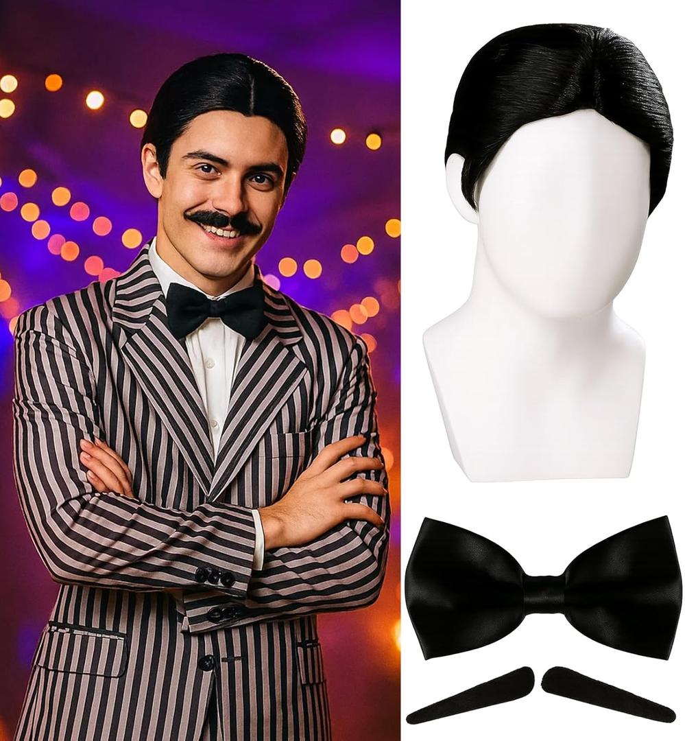 Swooflia Black Short Wig for Men & Cosplay Accessories - Convenient Set Includes Adjustable Wig Cap, Mustache, Tie, Cosplay Wig for Halloween, Costume, Party and Daily Use (Wig-08)