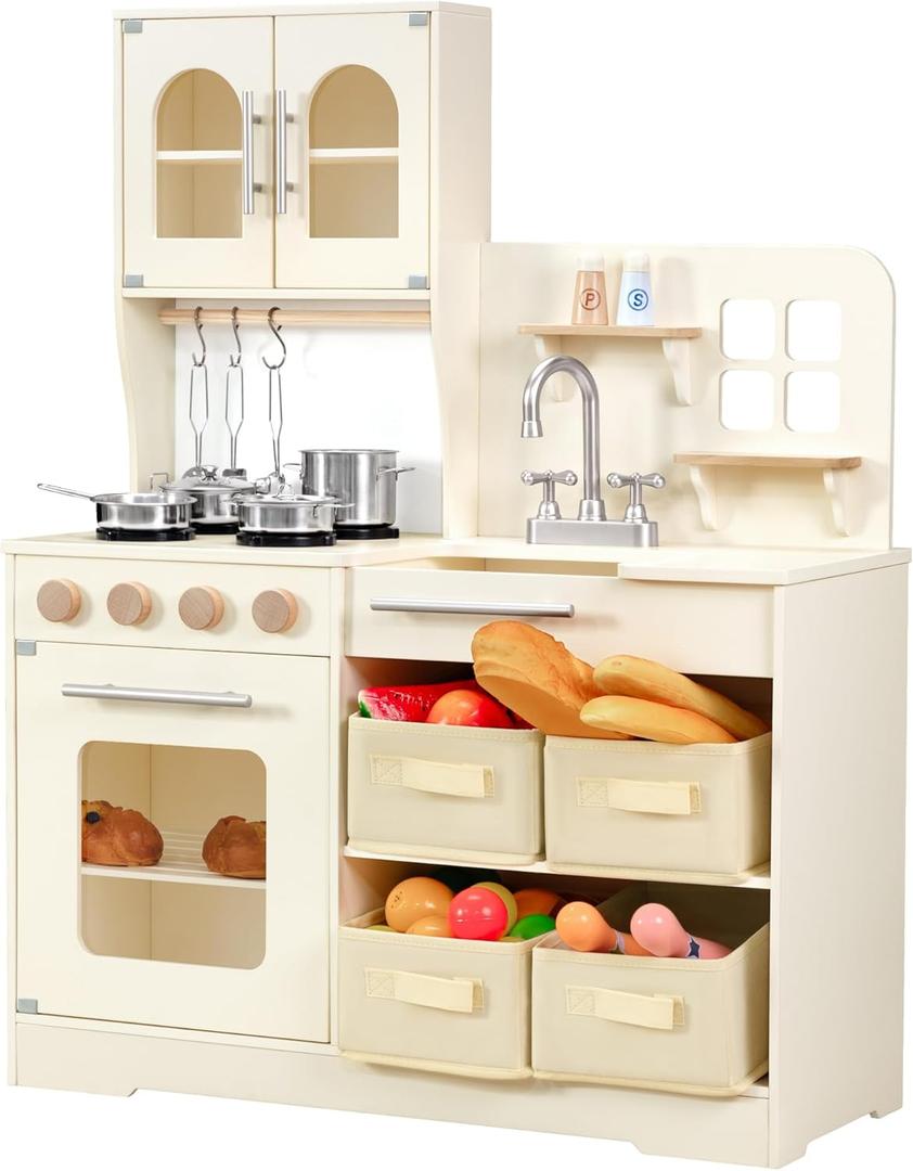 Play Kitchen for Kids Wooden Toy Playset with Storage System, Chef Pretend Play Set with Oven, Utensils, Cupboard, Sink, Clicking Knobs, Toddler Kitchen Play for Ages 3+