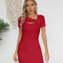 Valiamcep Women's Summer Mini Dress Short Sleeve Square Neck Cut Out Sexy Ribbed Knit Fitted Casual Pencil Bodycon Dresses (Medium)