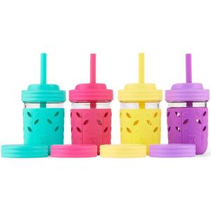 Elk and Friends Kids + Toddler Glass Cups | The Original 8oz Glass Mason Jar with Sleeves + Lids | Silicone Straws + Stopper | Smoothie Cup | Food Storage | Spill Resistant | Dishwasher Safe | 4 Pack