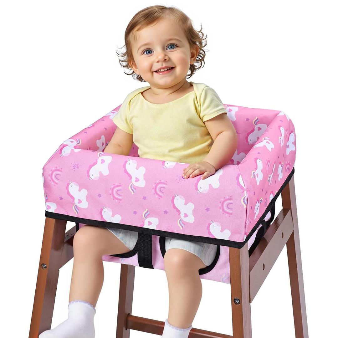 COOLBEBE Baby High Chair Cover with 3-Point Harness, Waterproof & Machine Washable Portable Seat Cover, Fits Wooden Chairs for Restaurant, Travel, Home & Dining Out, Pink Unicorn