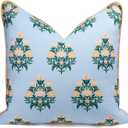 TIDEVERA Coastal Indoor Outdoor Throw Pillow Cover ONLY, 18"x18" Water Repellent for Couch, Patio, Backyard, Baby Blue Orange Floral with Piping