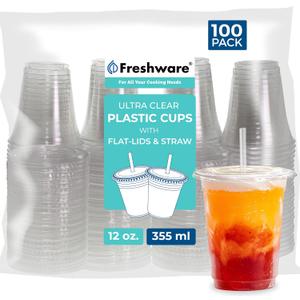 Freshware 12 oz Clear Disposable Plastic Cups with Flat Lids and Straws, 100 Pack Clear Plastic Cups Tumblers, Heavy-duty Party Glasses, Disposable Cups for Thanksgiving, Halloween, Christmas Party