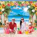 Summer Beach Backdrop Hawaiian Tropical Flower Palm Leaves Surfboard Background Banner Summer Party Decorations Photo Booth Props (7X5FT)