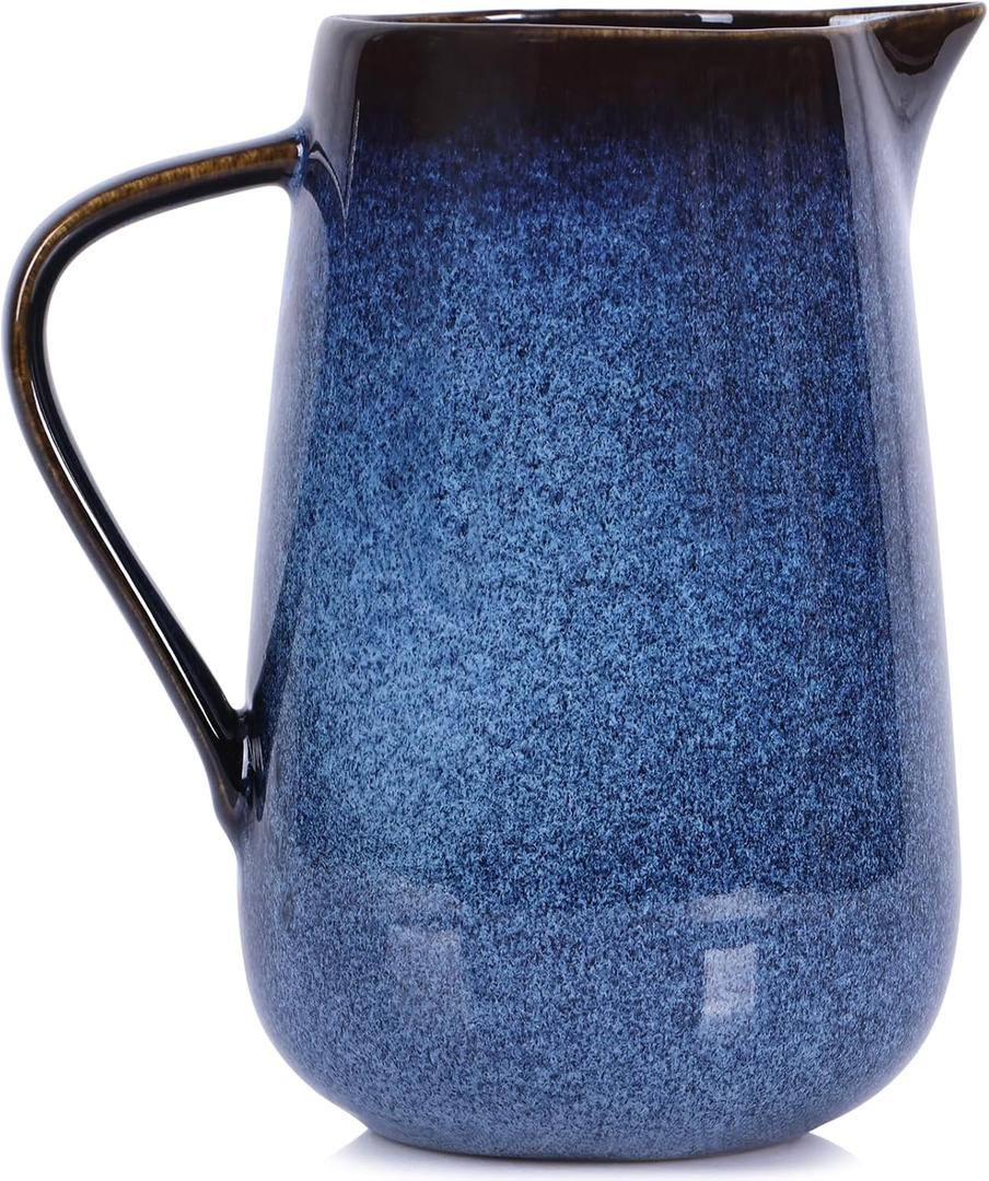 Blue Ceramic Pitcher Vase with Handles, Vintage Ceramic Jug Blue Home Decor Accents, Modern Rustic Farmhouse Pottery Vase - For Navy Table Decoration, Fireplace Entrance Decor Centerpieces