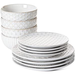 LE TAUCI Plates and Bowls Sets for 4, 12 Piece Ceramic Dinnerware Sets, Modern Stoneware Kitchen Dish Set, Chip Resistant, Microwave & Dishwasher Safe, Embossed, Arctic White