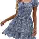 Heysolo Womens Boho Floral Smocked Square Neck Short Sleeve Ruffle Beach Summer Mini Dress, Size Medium