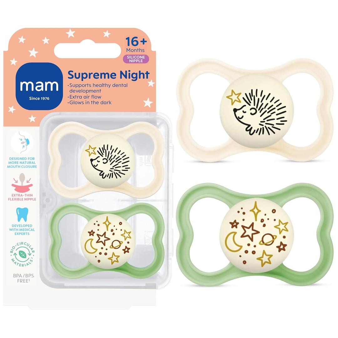 MAM Supreme Baby Pacifier, Newborns 16+ Months, Developed with Orthodontists, Extra Air Flow for Sensitive Skin, Glows in The Dark, BPA-Free Silicone, Sterilizer Case, Pack of 2, Made in Europe (Shell/Peppermint Green)