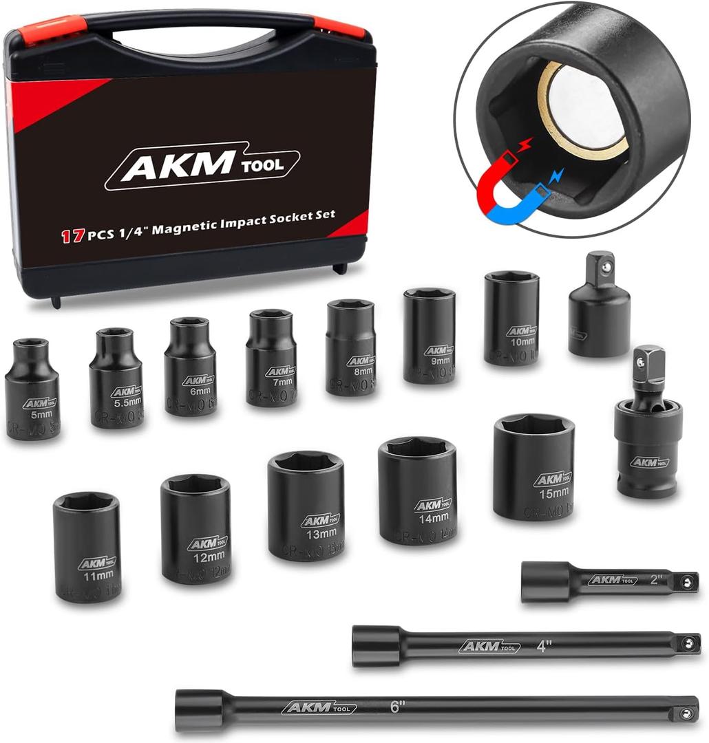 1/4 Inch Drive Magnetic Impact Socket Set, 17-Piece Metric, 5mm-15mm, 6 Point, Cr-Mo, Square Drive, Magnetic Socket with Impact Socket Adapter, Universal Joint & Extension