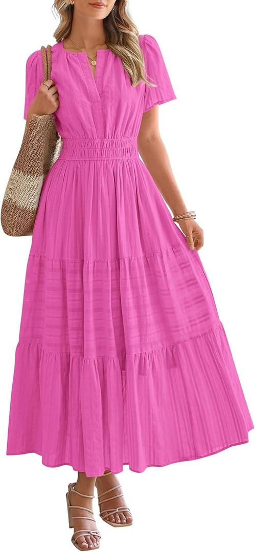 BTFBM Womens Summer 2025 Casual Midi Maxi Dresses Lightweight Short Sleeve V Neck Elastic Waist Boho Beach Dress Pockets (Large, Rose Red)