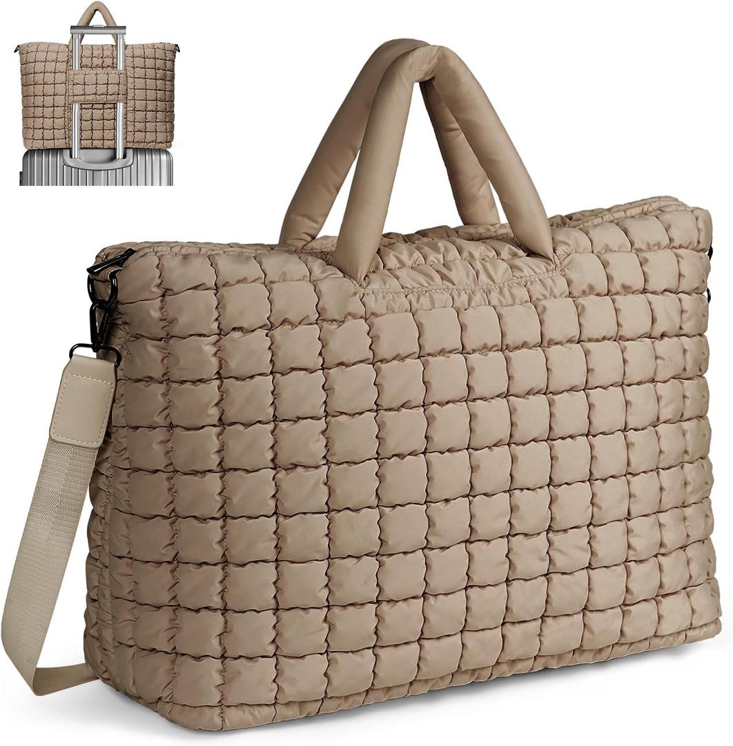 Quilted Duffle Bag for Travel, Large Puffer Duffel Weekender Bags Soft Gym Tote, Big Puffy Carry on Luggage Overnight (Khaki)