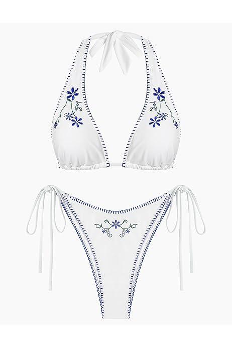 ZAFUL Women's Triangle Bikini Multiway Fishnet Tie Side Halter String Top Small Two-piece , Size M