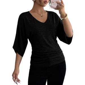 EVALESS Womens Tops Spring Summer 2026 Trendy 3/4 Length Batwing Sleeve | Ruched Going Out Dressy Blouses,Fashion Work Business Casual,V Neck Cute Loose Basic T Shirts,Beach Vacation Outfits Clothes (Black, M)