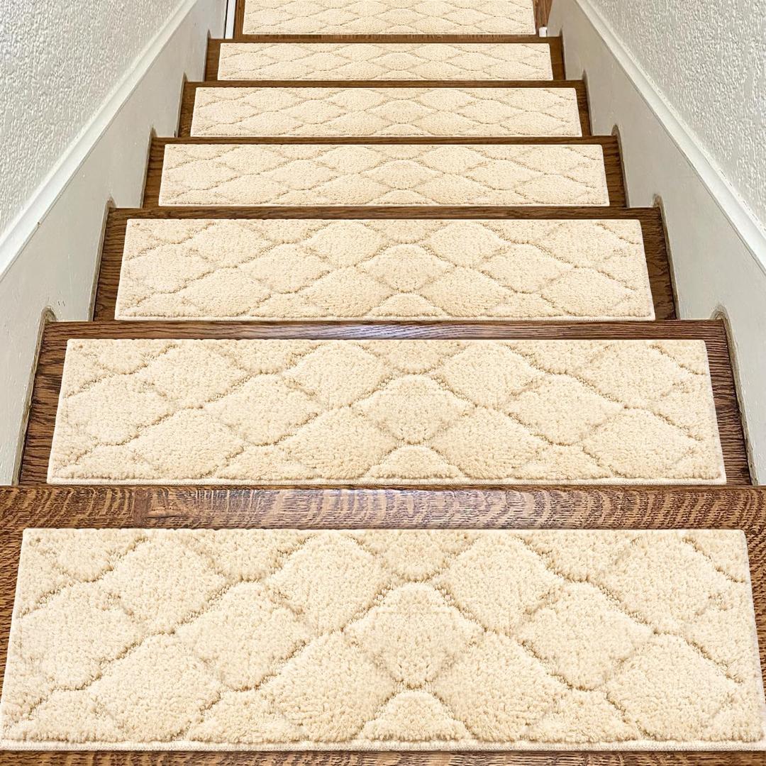 BAGAIL Soft Stair Treads Non-Slip for Wooden Steps, 15pcs 28"x9" Peel and Stick Carpet Stair Treads for Hardwood & Tile Floors, Reusable & No Residue Stair Runner for Kids, Elders and Pets, Warm Sand