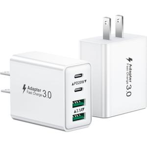 USB C Charger Block, 2Pack 40W 4-Port Type C Fast Charging Block Dual PD Power Adapter+QC Plug Double USB Wall Charger Blocks Multiple USBC Charging Cube for iPhone 16 15 14 13 12 11 Pro Max, Samsung (2-Pack White)