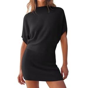 ZESICA Women's 2025 Summer Casual Mock Neck Bodycon Mini Dress Cap Sleeve Slim Fit Ribbed Knit Short Sweater Dresses, Black, Large