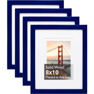 KINLINK 8x10 Picture Frame Navy, Solid Wood Frames with Acrylic Plexiglass for Pictures 4x6/5x7 with Mat or 8x10 without Mat, Tabletop and Wall Display Photo Frame, Set of 4