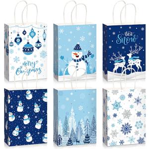 18 Pieces Christmas Snowflake Gift Bag Winter Wonderland Paper Party Goodie Bags with Snowflakes Snowman Deer Merry Christmas Decor for Winter Xmas Party Birthday Decoration 6.3 x 8.66 x 3.15 Inch