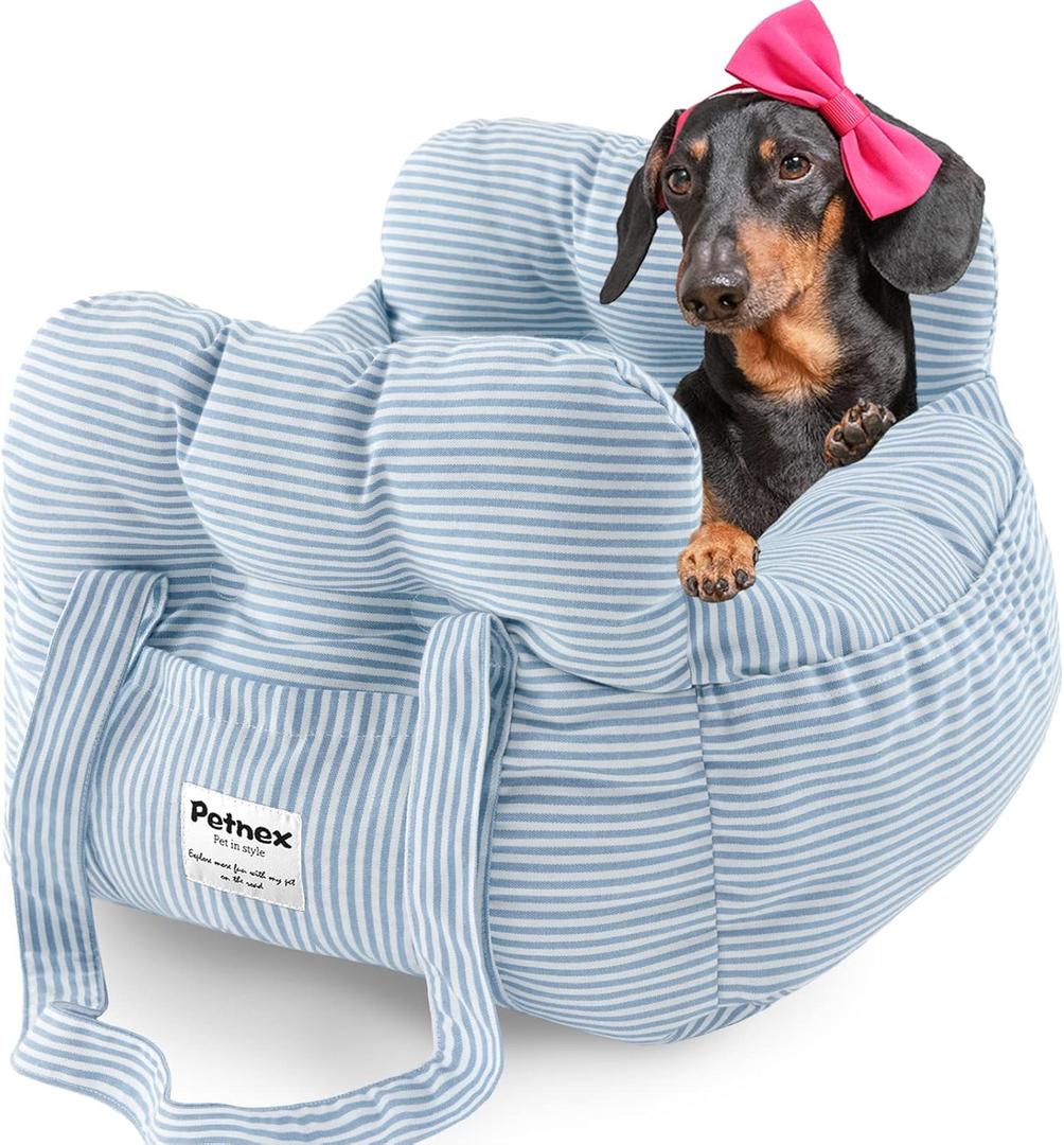 Dog Car Seat for Small Dogs, Portable Puppy Car Seat of Easy Installation, Fashionable Pet Carrier Bag with Large Pockets, Machine Washable Dog Booster Seat (Striped Blue)