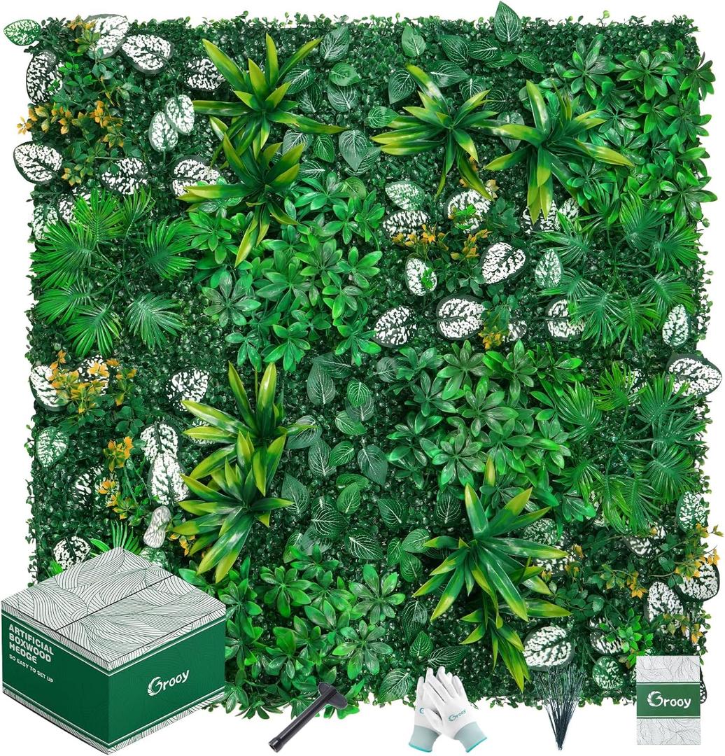 Artificial Hedge Grass Wall, Boxwood Panels 20"x20"(12pcs), Greenery Wall Backdrop, UV Protected Privacy Fence Screen, Green Wall Decor for Outdoor Indoor Wedding Dcor (Dracaena)