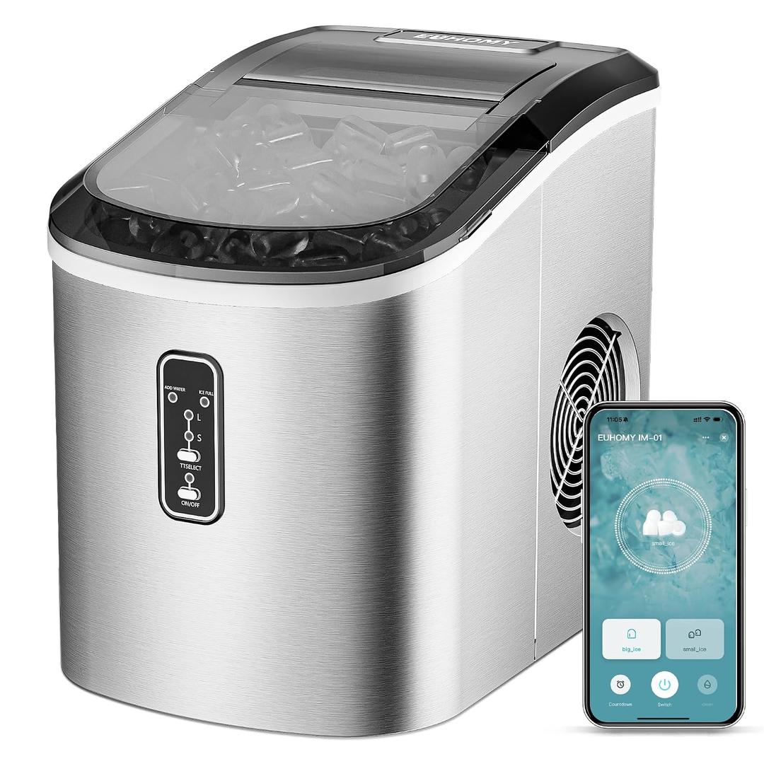 EUHOMY Smart Ice Makers Countertop -26lbs in 24 Hours, 9 Cubes Ready in 8Mins, Self-Cleaning Countertop Ice Maker, Portable Ice Maker with Ice Scoop and Basket, Perfect for Home/Kitchen/Office(Sliver)