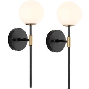 BYOLIIMA Industrial Mid Century Wall Sconce Set of 2 with White Globe Glass Shades Modern Bathroom Vanity Wall Lamp Black and Gold Finished Wall Light Fixture