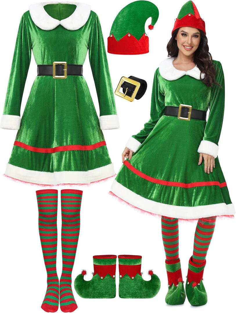 SOMSOC 5 Pack Women Christmas Elf Costume Set Velvet Dress Belt Striped Over Knee High Socks Elf Hat Shoes for Cosplay (XX-Large)