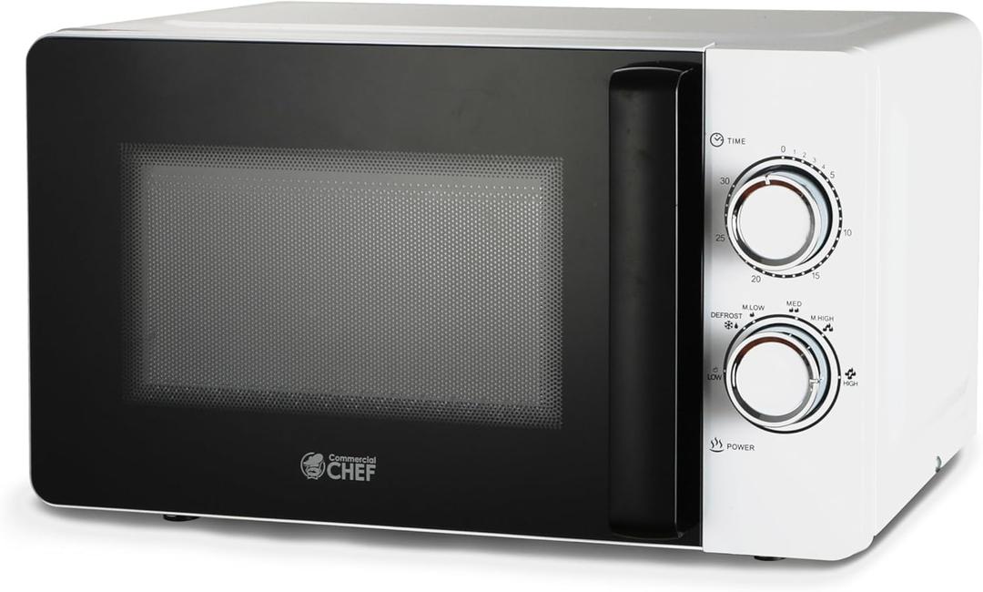 Commercial CHEF Small Microwave 0.7 Cu. Ft. Countertop Microwave with Mechanical Control, White Microwave with 6 Power Levels, Outstanding Portable Microwave with Convenient Pull Handle