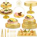 Wenqik 15 Pcs Gold Cake Stand Set Metal Dessert Display Set Tiered Cupcake Holder Square Serving Trays Round Tower Tray Platter for Wedding Birthday Party Celebration