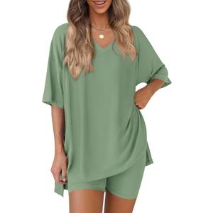 PRETTYGARDEN 2 Piece Sets for Women Summer 2026 Lounge Short Set Spring Matching Biker Shorts V Neck Oversized Shirt Clothing (Green, XXL)