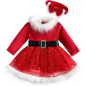Toddler Baby Girl Christmas Dress Santa Claus Dress Princess Dress Cute Christmas Outfit (2-3T, Red Long Sleeve)