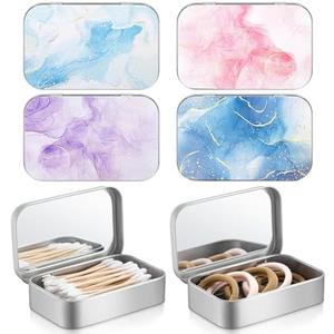 Kigley 3Pcs Travel Cotton Swab Holder Portable Hair Tie Holder with Mirror Marble Hair Tie Organizer Dental Floss Dispenser Jewelry Organizer Box Containers for Small Items