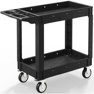 2 Shelf Heavy Duty Plastic Utility Cart, Service Cart Tub Storage W/Deep Shelve Holds up to 1000 lbs, Rolling Utility Cart with 360Swivel Wheels, Work Cart for Warehouse, Garage, Cleaning (40 x 17 Inch, Black)