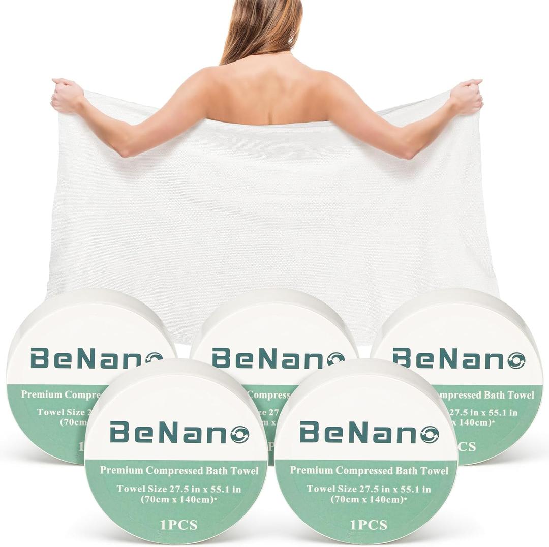Benano Premium Compressed Towel Tablets Disposable Towel 55.1 in x 27.5 in Large Bath Towel Travel Towel Reusable for Hotel Camping Sports Hiking Beach Swimming Vacation (55.1" x 27.5" (5 Pack))